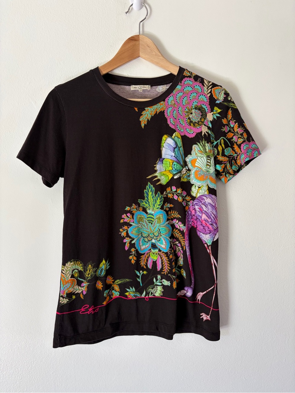 Etro Milano Flamingo Butterfly Lizard Multicolor Floral Print T-Shirt Black